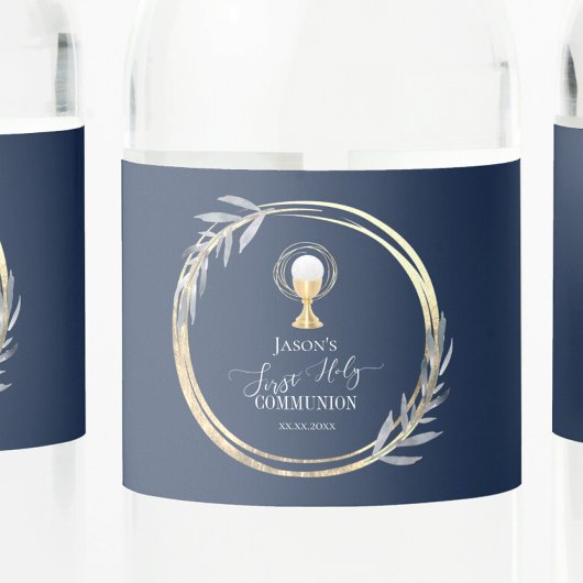Étiquette Pour Bouteilles D'eau Première Sainte communion bleu et faux feuille d'o