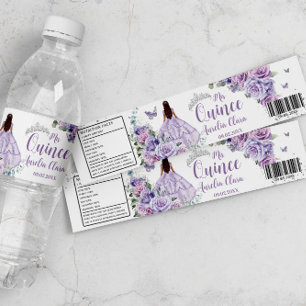 Étiquette Pour Bouteilles D'eau Princesse Fleur Violette Quinceañera Argentée