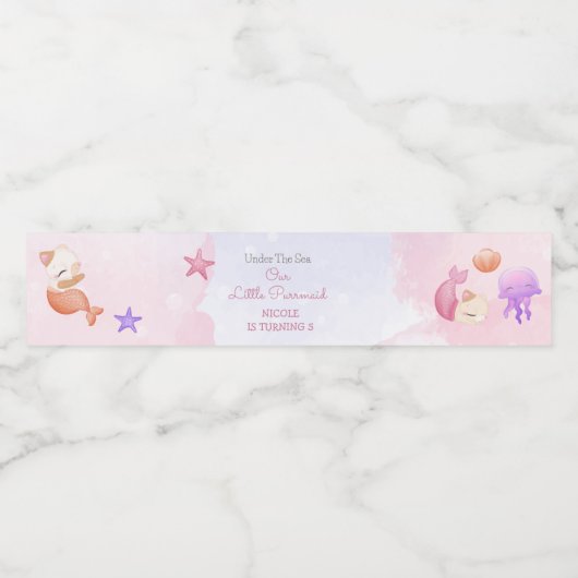 Étiquette Pour Bouteilles D'eau Purmaid chat sirène mignonne fille anniversaire (Étiquettes simples)