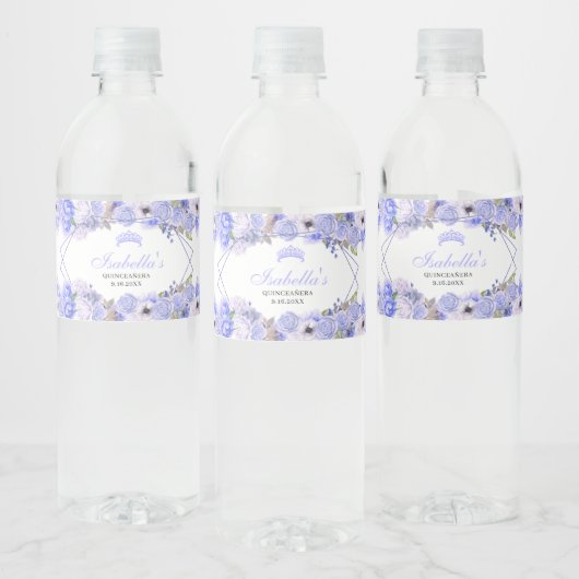 Étiquette Pour Bouteilles D'eau Quinceanera Florale Bleu Périwinkle (Bouteilles)