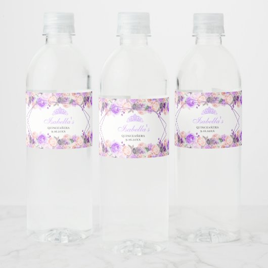 Étiquette Pour Bouteilles D'eau Quinceanera florale rose et violet (Bouteilles)