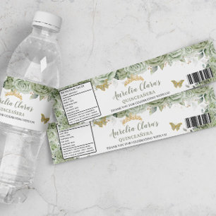 Étiquette Pour Bouteilles D'eau Quinceañera Sage Green Papillons Floraux doux 16