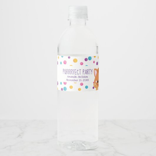 Étiquette Pour Bouteilles D'eau Rainbow Confetti Cute Kitty Chat Anniversaire (Devant)