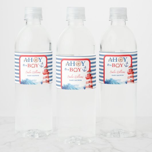 Étiquette Pour Bouteilles D'eau Refreshing Striped Blue Red Nautical Ahoy Boy (Bouteilles)