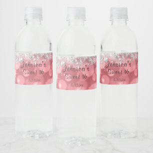 Étiquette Pour Bouteilles D'eau Rose Bo Ho Argent Parties scintillant mousseuse Sw