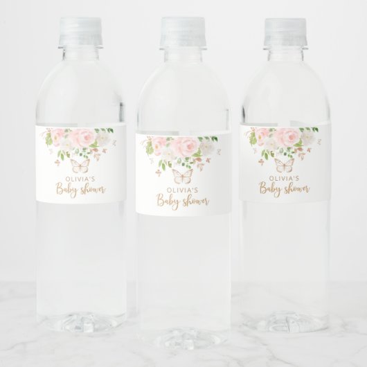 Étiquette Pour Bouteilles D'eau Rose floral, papillon doré (Bouteilles)