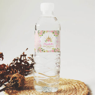 Étiquette Pour Bouteilles D'eau Rose Floral Princess Crown 1er anniversaire