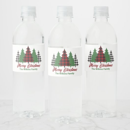 Étiquette Pour Bouteilles D'eau Rustique Red Plaid Joyeux Noël Arbres (Bouteilles)