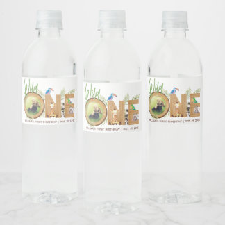 Étiquette Pour Bouteilles D'eau Safari Animaux Photo Wild One Wood First Birthday