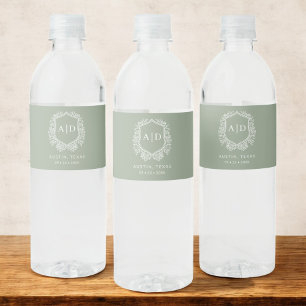 Étiquette Pour Bouteilles D'eau Sage Green Monogramme Mariage Floral Crest