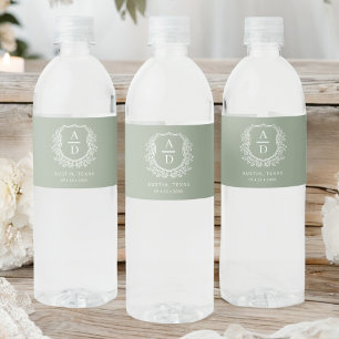 Étiquette Pour Bouteilles D'eau Sage Green Monogramme Mariage Floral Crest