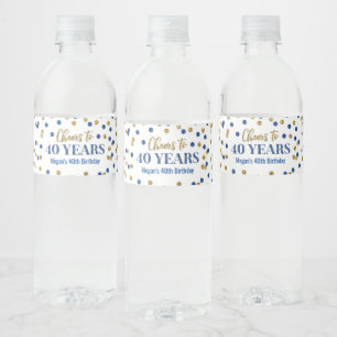 Étiquette Pour Bouteilles D'eau Salutations à 40 ans Blue Gold Confetti Anniversai