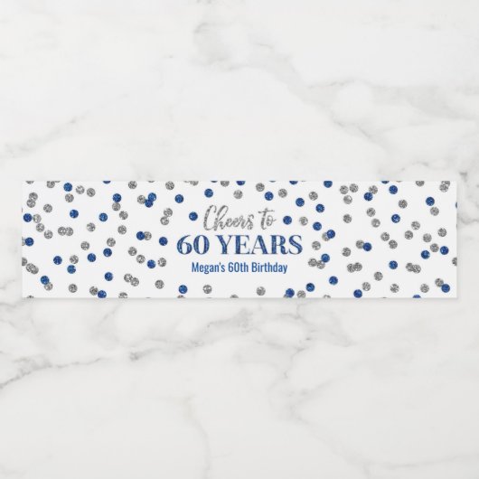 Étiquette Pour Bouteilles D'eau Salutations à 60 ans Bleu Argent Confetti Annivers (Étiquettes simples)