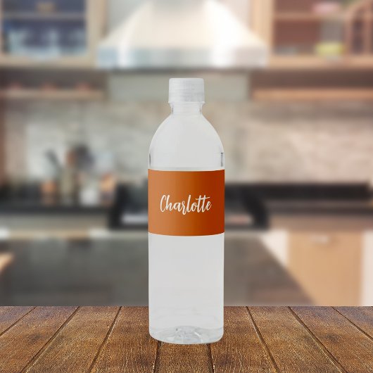 Étiquette Pour Bouteilles D'eau Script de nom orange brûlé