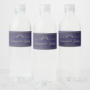 Étiquette Pour Bouteilles D'eau Simple Elegant Flourish Gold & Mariage bleu marine