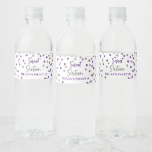 Étiquette Pour Bouteilles D'eau Sweet 16 Anniversaire Confetti d'argent violet