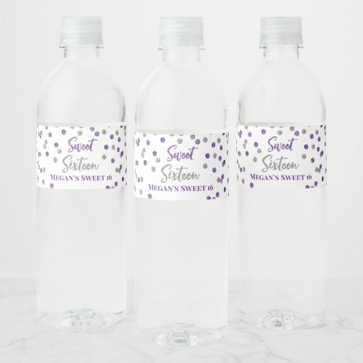 Étiquette Pour Bouteilles D'eau Sweet 16 Anniversaire Confetti d'argent violet (Bouteilles)