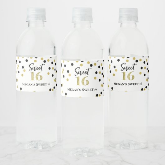 Étiquette Pour Bouteilles D'eau Sweet 16 Anniversaire Noir Confetti (Bouteilles)