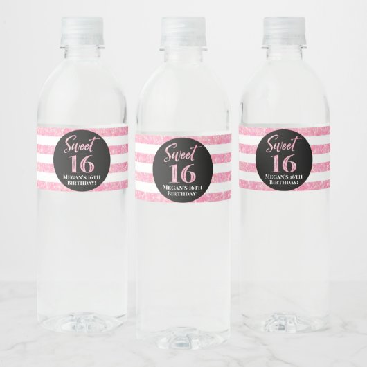Étiquette Pour Bouteilles D'eau Sweet 16 Anniversaire noir rose rayures (Bouteilles)