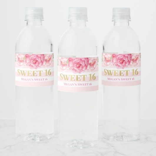 Étiquette Pour Bouteilles D'eau Sweet 16 Anniversaire Or rose Fleurs (Bouteilles)