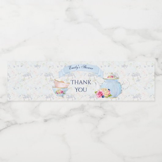 Étiquette Pour Bouteilles D'eau Tea Party Teapot bleu blanc rose (Étiquettes simples)