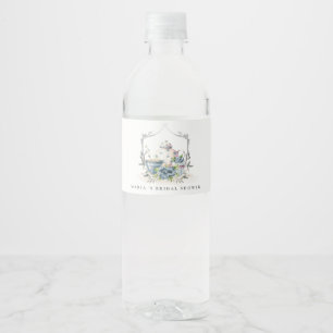Étiquette Pour Bouteilles D'eau Théière florale bleue aqua mignonne Crête Shower d