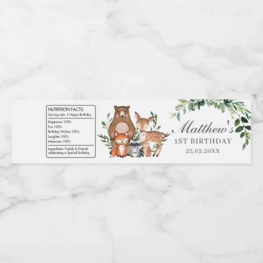 Étiquette Pour Bouteilles D'eau Verdure rustique Chic Bois Animaux 1er anniversair (Étiquettes simples)