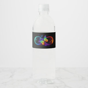 Étiquette Pour Bouteilles D'eau Vibrant infinity with rainbow butterfly on black