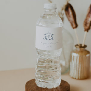 Étiquette Pour Bouteilles D'eau Vins intemporels Dusty Blue Crest Mariage Monogram
