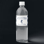 Étiquette Pour Bouteilles D'eau Voie maritime vintage | Accueil du Mariage nautiqu<br><div class="desc">Eau partout et pas une goutte à boire. Laissez votre invité mariage étancher sa soif avec ces étiquettes uniques de bouteille d'eau marine à thème nautique avec un message de bienvenue,  une illustration vintage d'hippocampe,  et vos détails de mariage.</div>