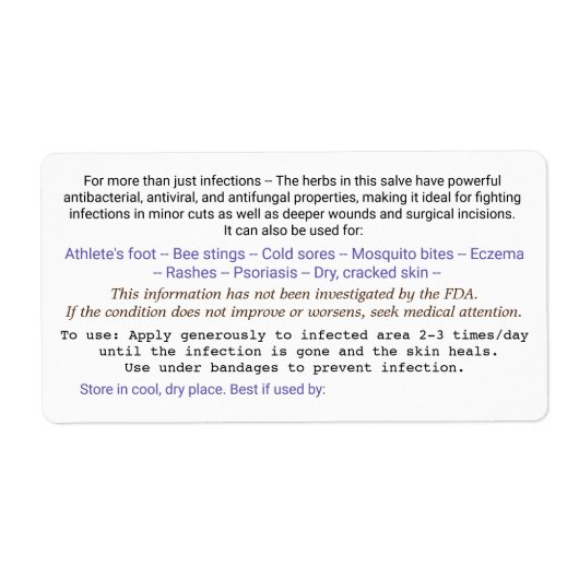 Étiquette pour le dos du pot de salve. (Devant)