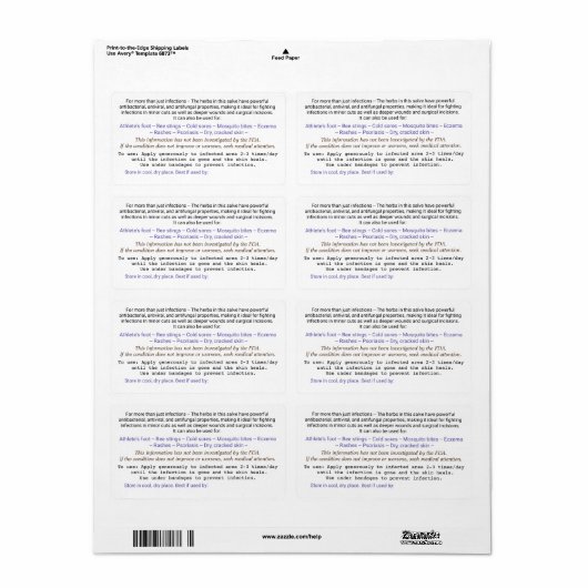 Étiquette pour le dos du pot de salve. (Feuille entière)