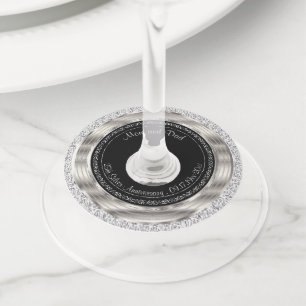 Étiquette Pour Verre De Vin 25ème anniversaire de mariage argenté et noir