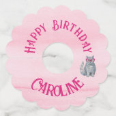 Étiquette Pour Verre De Vin 50 & Fabulous Chat, rose et gris, 50e anniversaire (Devant)