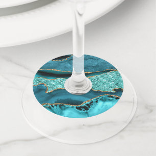 Étiquette Pour Verre De Vin Agate Turquoise Blue Gold Parties scintillant Marb