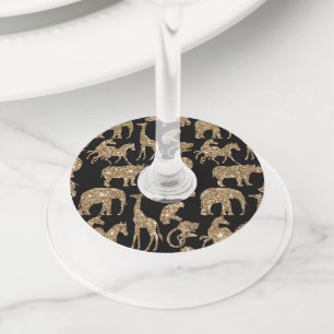 Étiquette Pour Verre De Vin Animaux Sauvages Safari Élégant Paillettes Dorées
