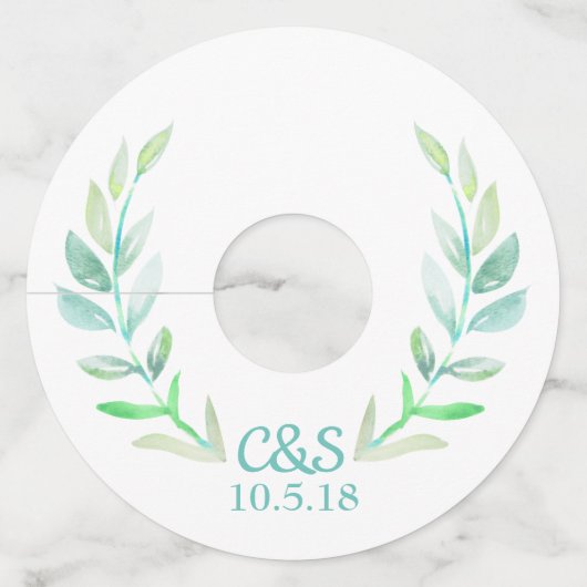 Étiquette Pour Verre De Vin Aquarelle Laurels & Couple's Initials Mariage (Devant)