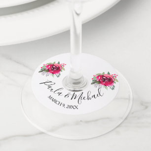 Étiquette Pour Verre De Vin Aquarelle rose courbe florale Script Vin verre Bal