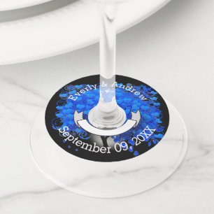 Étiquette Pour Verre De Vin Arbre de mariage à feuilles de cœur bleu Nom de l'