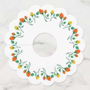 Étiquette Pour Verre De Vin Cadre rond floral avec fleurs de rose jaune et rou