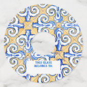 Étiquette Pour Verre De Vin Carreaux espagnols - Azulejo Bleu, Jaune et Blanc (Devant)