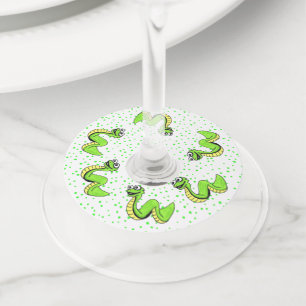 Étiquette Pour Verre De Vin Cercle de Neon Green Souriant serpents sur Pois
