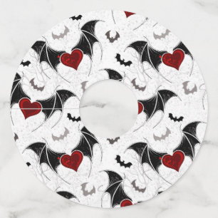 Étiquette Pour Verre De Vin Coeur d'Halloween avec ailes de chauve-souris noir