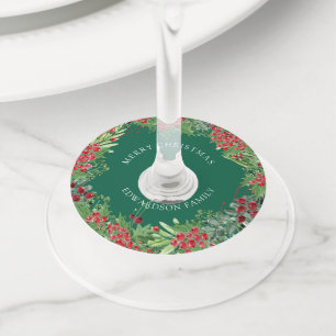 Étiquette Pour Verre De Vin Couronne de baies à l'aquarelle Joyeux Noël famill