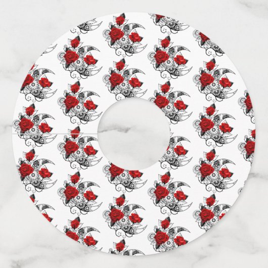 Étiquette Pour Verre De Vin Croissant mécanique avec roses rouges (Devant)