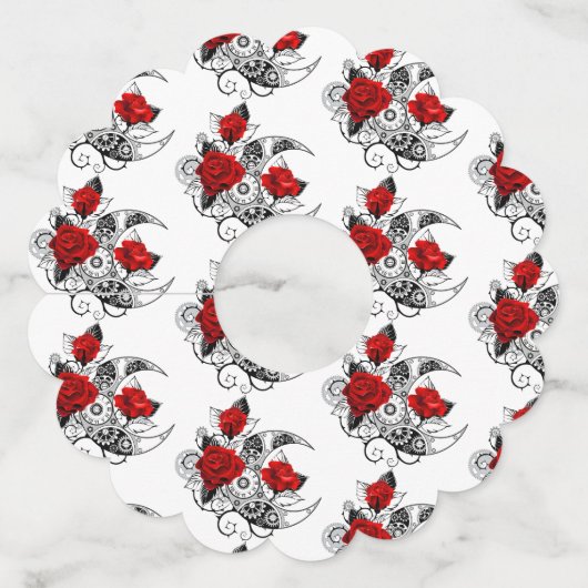 Étiquette Pour Verre De Vin Croissant mécanique avec roses rouges (Devant)