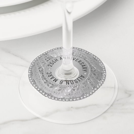 Étiquette Pour Verre De Vin Damas gris argenté (De près)