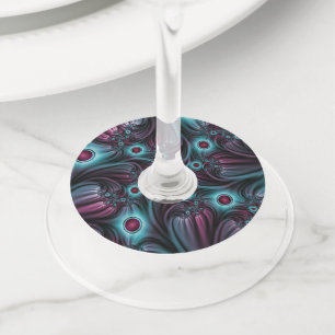 Étiquette Pour Verre De Vin Dans la profondeur Bleu rose Abstrait Fractal Art