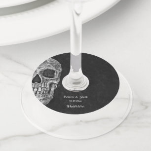 Étiquette Pour Verre De Vin Demi-crâne gothique cool grunge noir et blanc