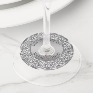 Étiquette Pour Verre De Vin Diamants D'Argent Et Coeur Rouge